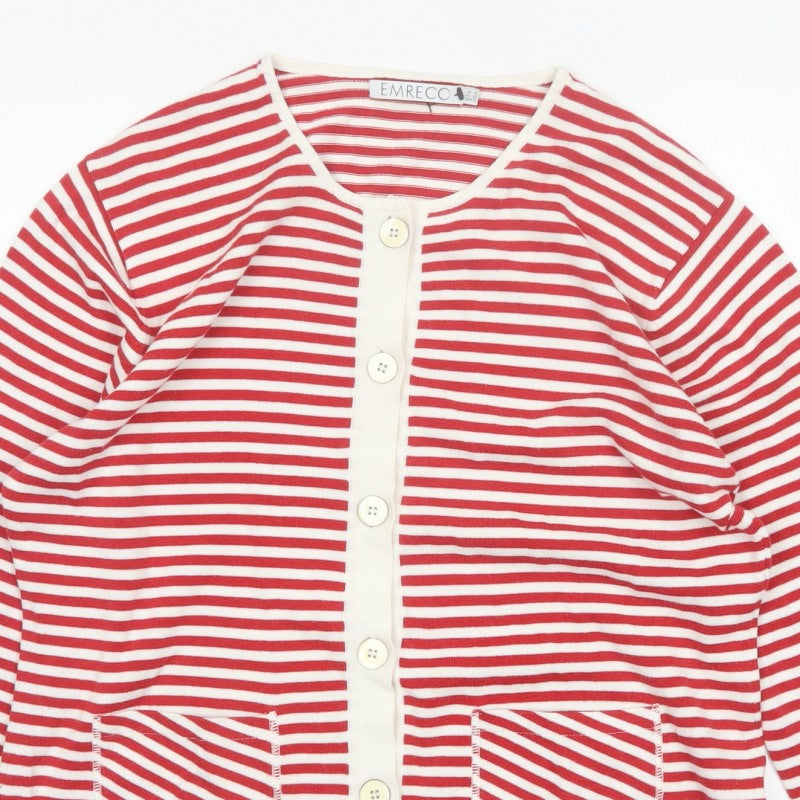 EMRECO Women’s Red White Striped Button Cardigan UK 16 Raglan Knit