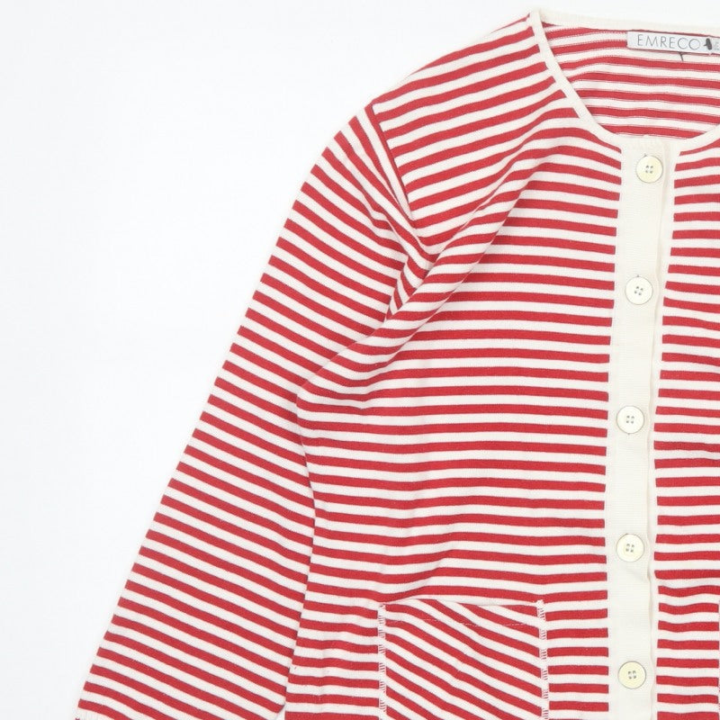 EMRECO Women’s Red White Striped Button Cardigan UK 16 Raglan Knit