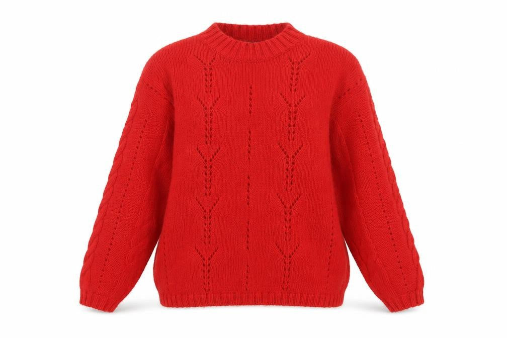 Per Una Women Red S Cable-Knit Mock Neck Wool Cotton Pullover Jumper