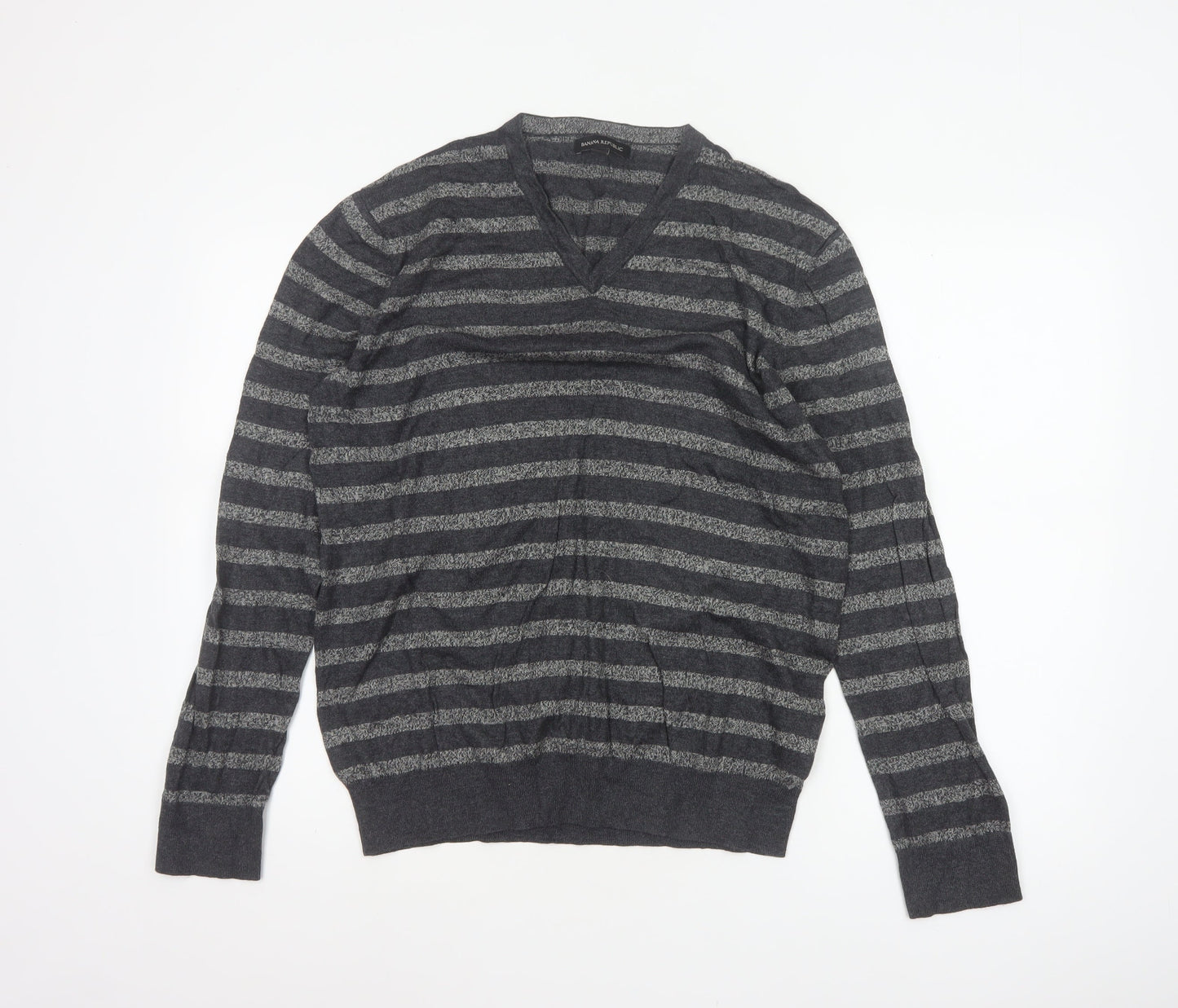 Banana Republic Men’s Grey Striped V-Neck Knit Pullover Jumper L
