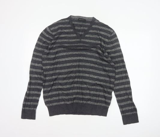 Banana Republic Men’s Grey Striped V-Neck Knit Pullover Jumper L