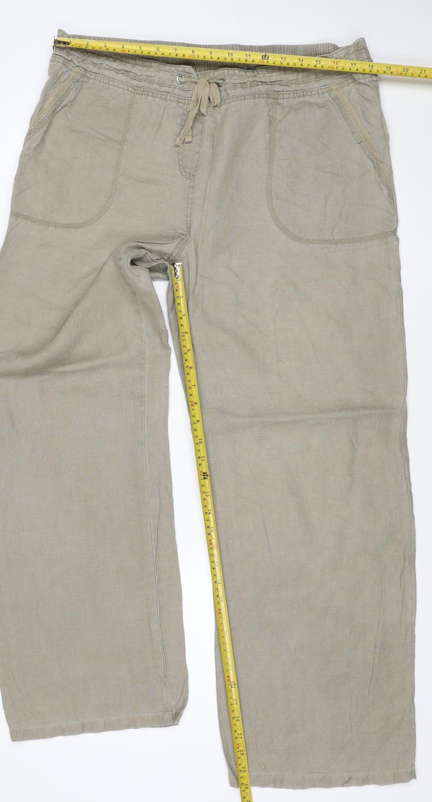 M&S Women Beige Linen Wide Leg Drawstring Trousers UK 18 Long