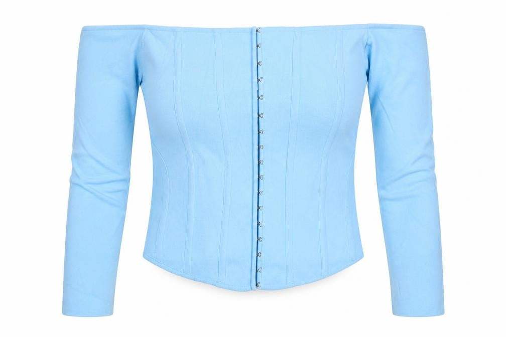 Zara Women Blue Off Shoulder Cropped Knit Hook & Eye Top Size L