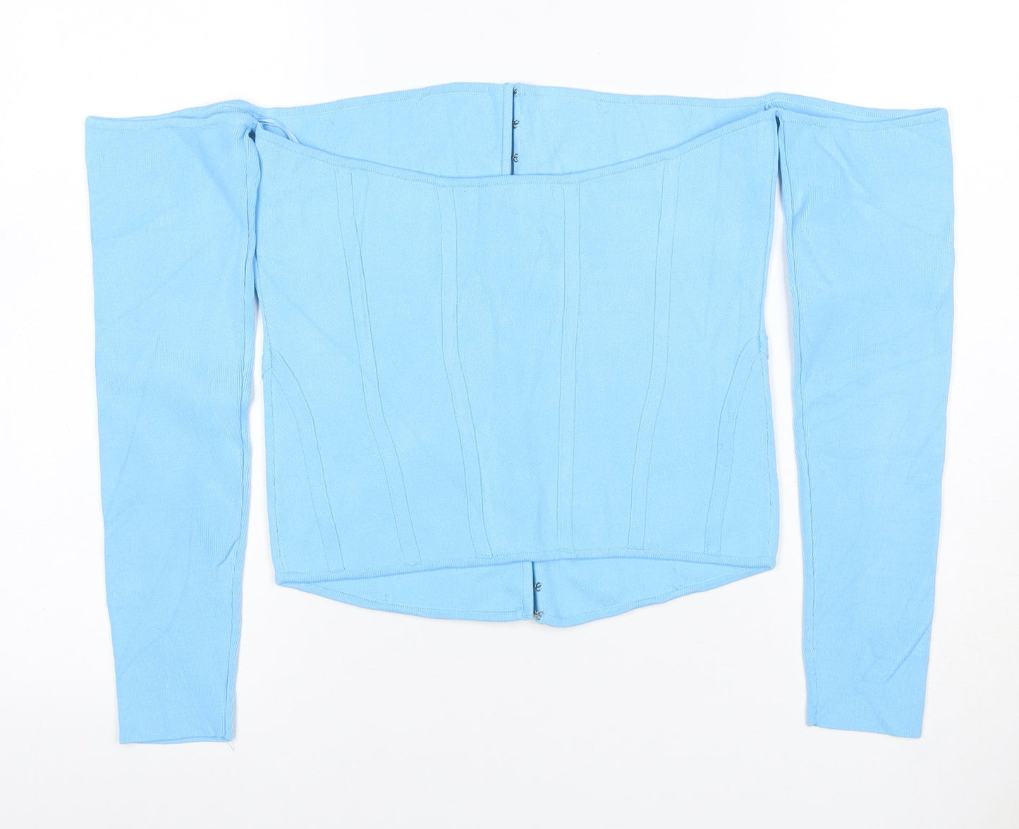 Zara Women Blue Off Shoulder Cropped Knit Hook & Eye Top Size L