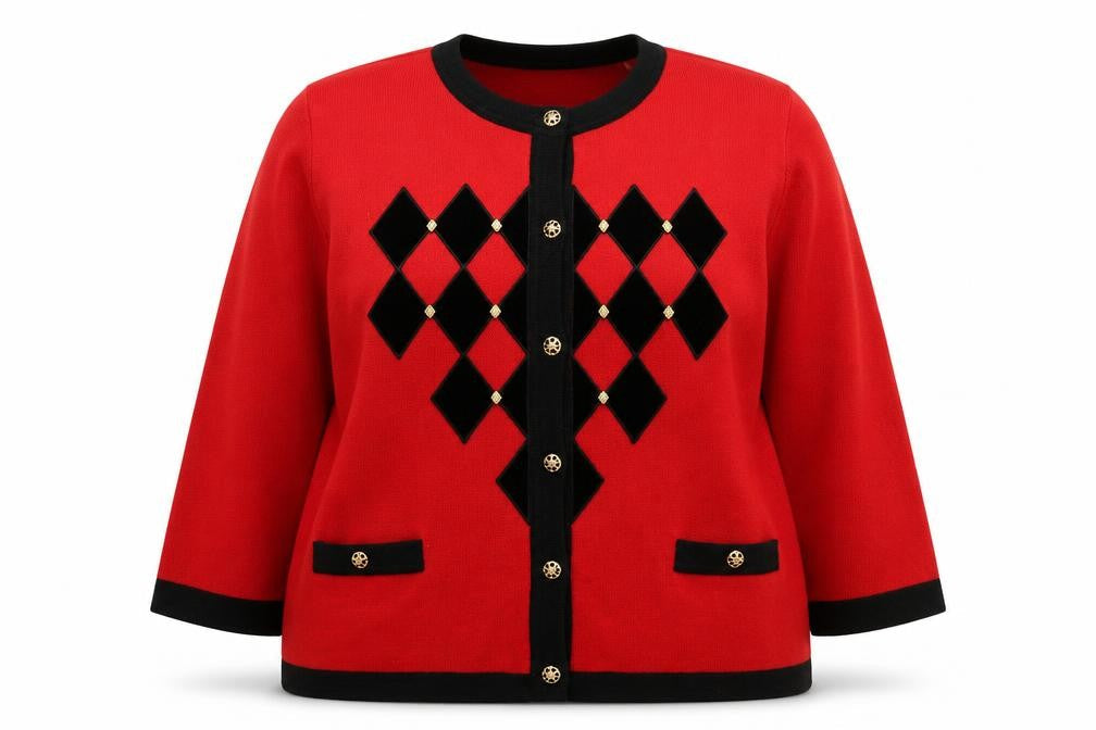 Grazia Women Red Black Argyle Cardigan UK 22 Wool Blend Long Sleeve