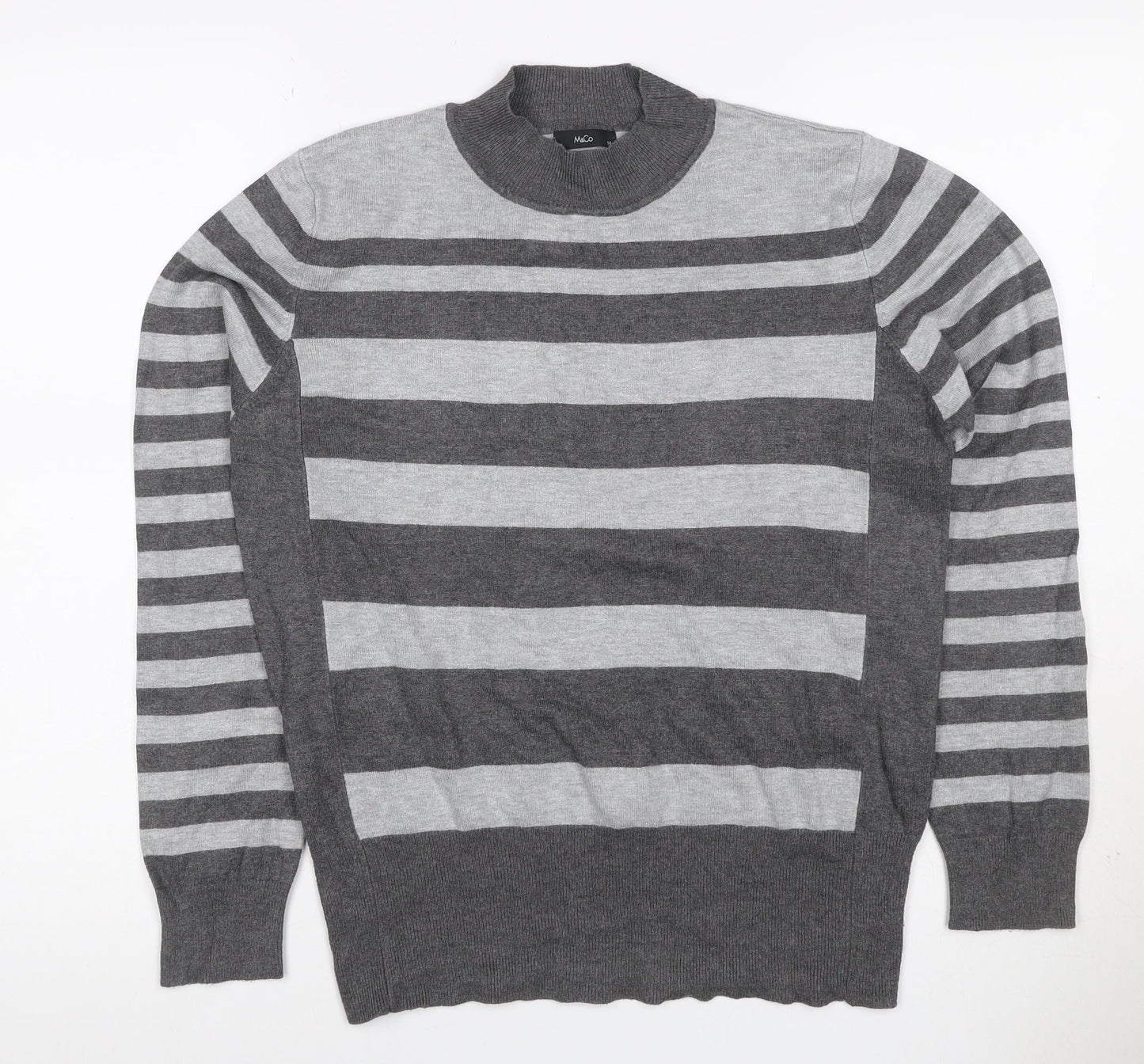 McCo Women’s Grey Striped High Neck Knit Jumper UK 14 Viscose Blend