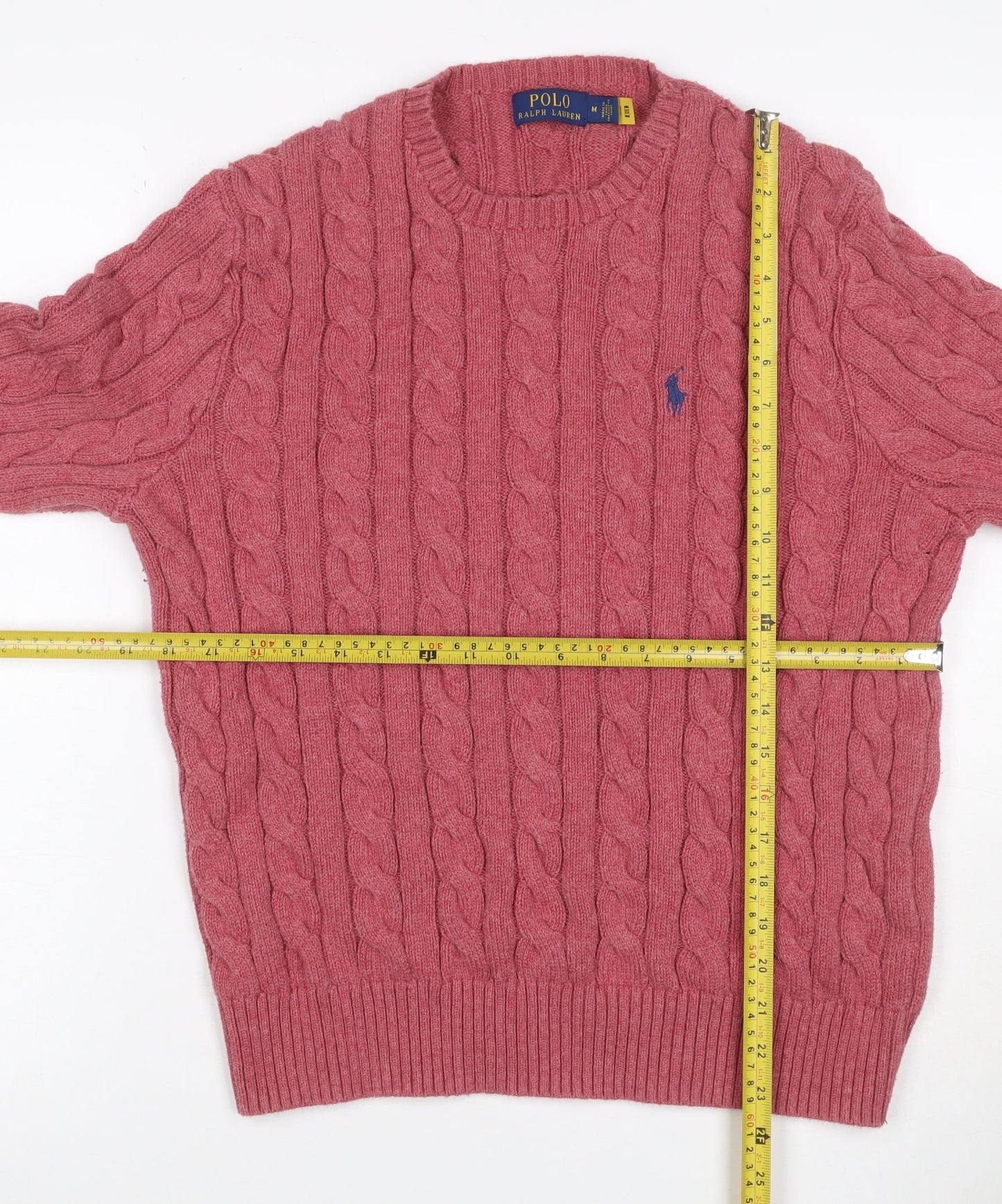 Polo Ralph Lauren Men Pink M Cable Knit Cotton Crew Neck Jumper Logo
