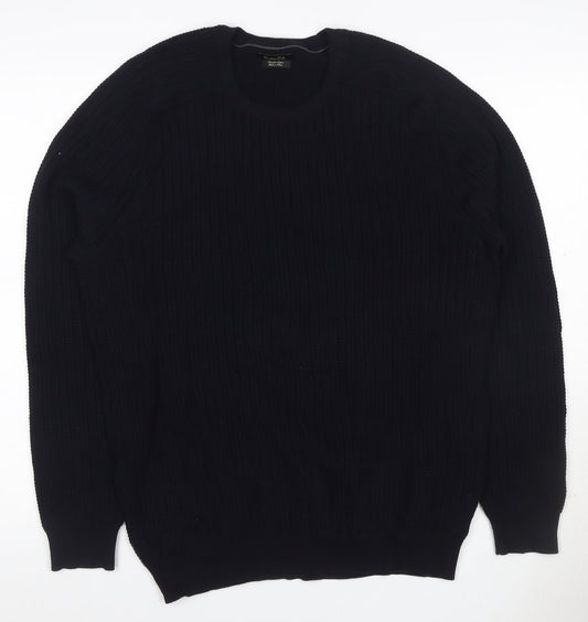 Massimo Dutti Men’s Black L Cable Knit Cotton Crew Neck Jumper