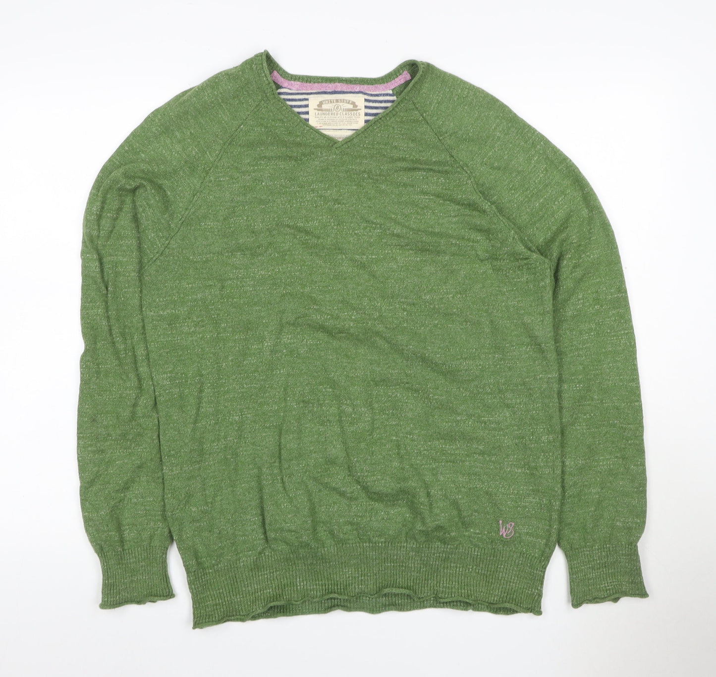 White Stuff Men’s Green M V-Neck Linen Cotton Knit Pullover Jumper
