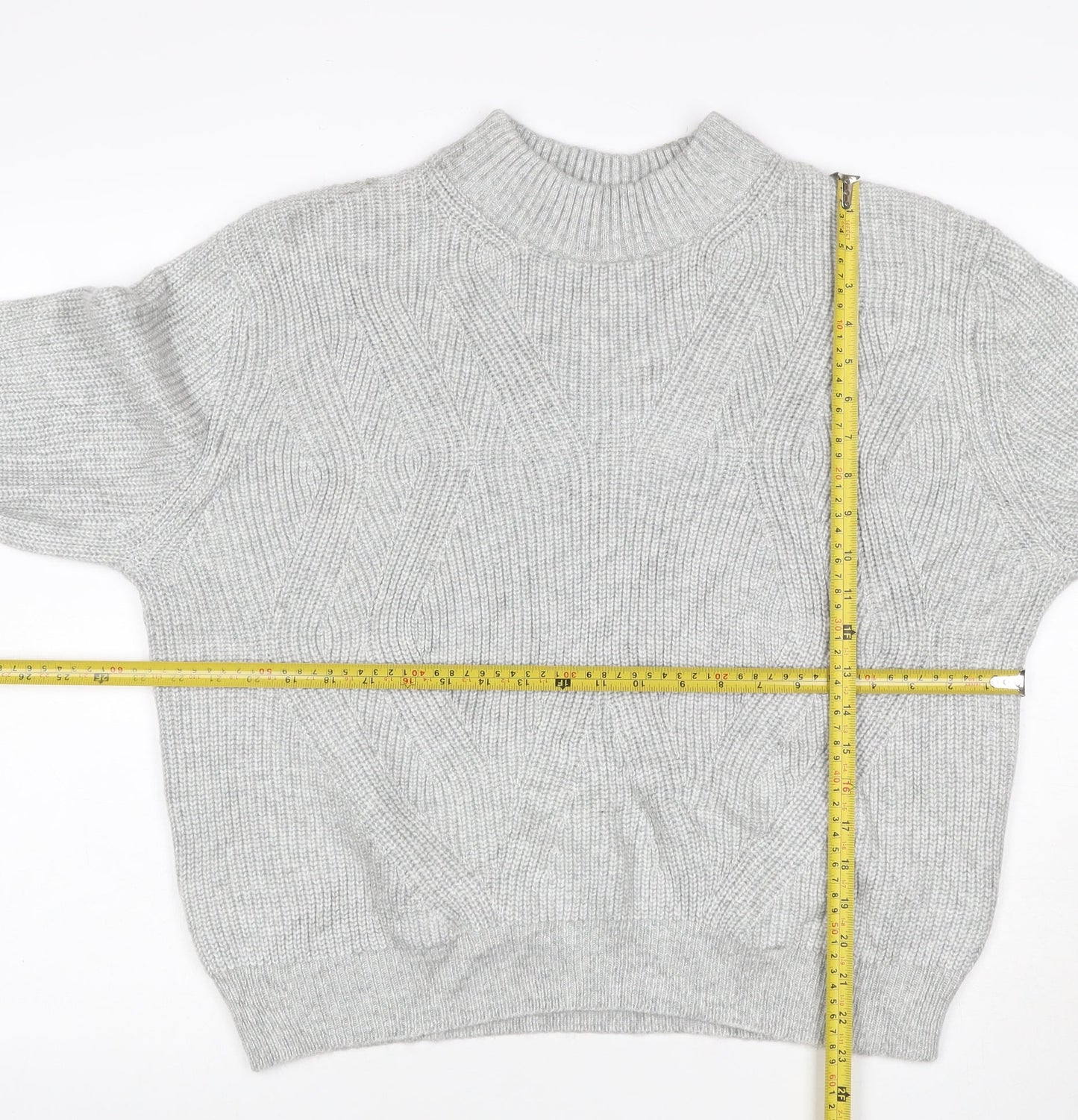 M&S Women Grey Size 12 Cable Knit Mock Neck Raglan Jumper