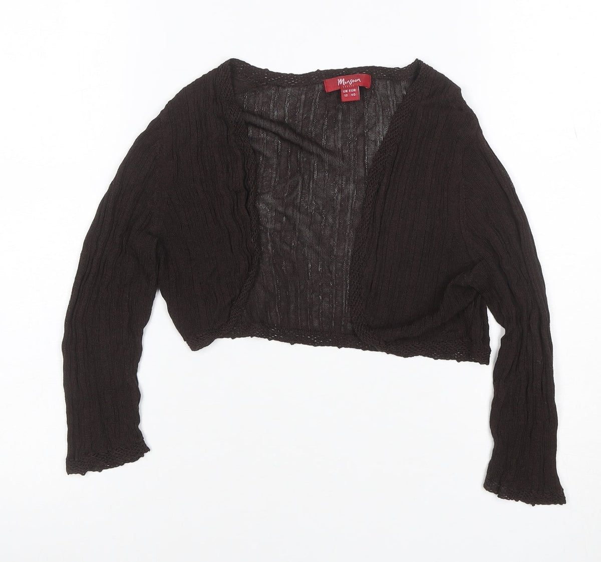 Monsoon Women Brown UK 12 Cropped Knit V-Neck Long Sleeve Top