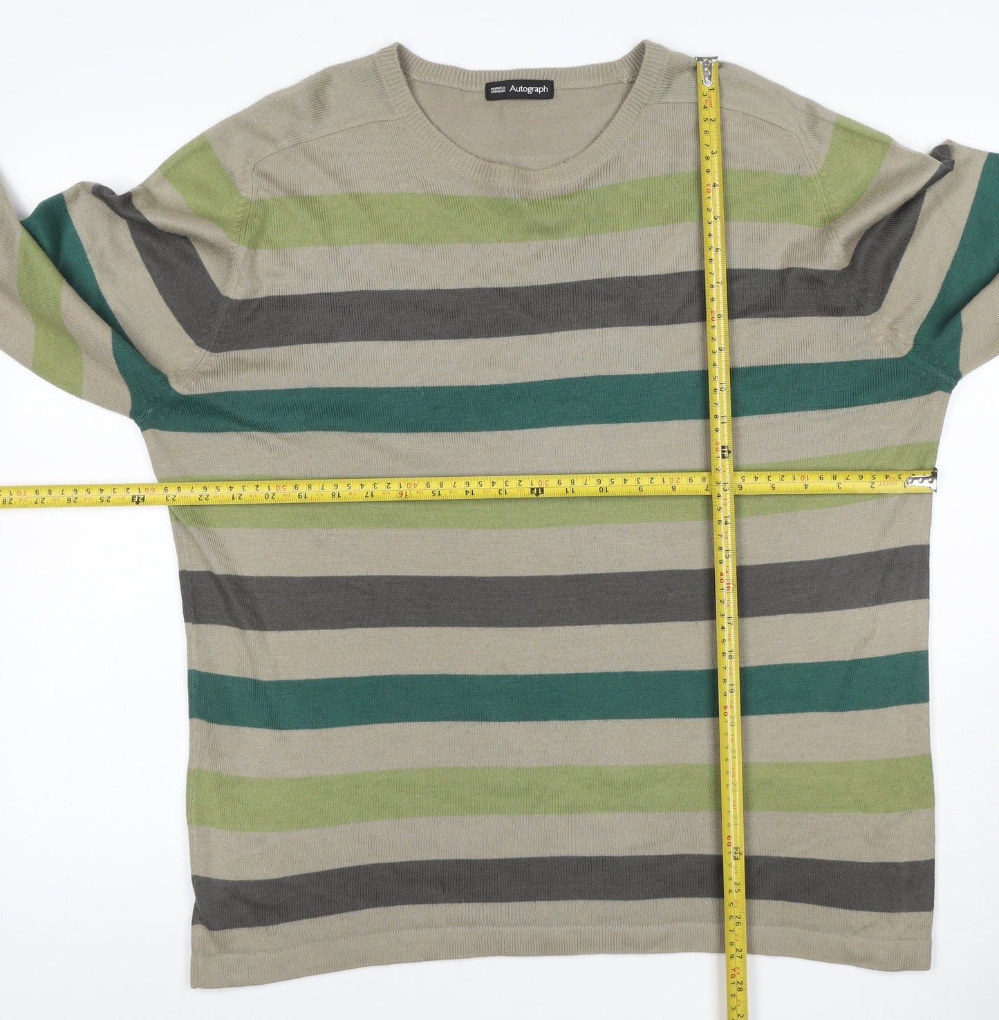 Marks and Spencer Autograph Men Beige Green L Striped Cotton Jumper
