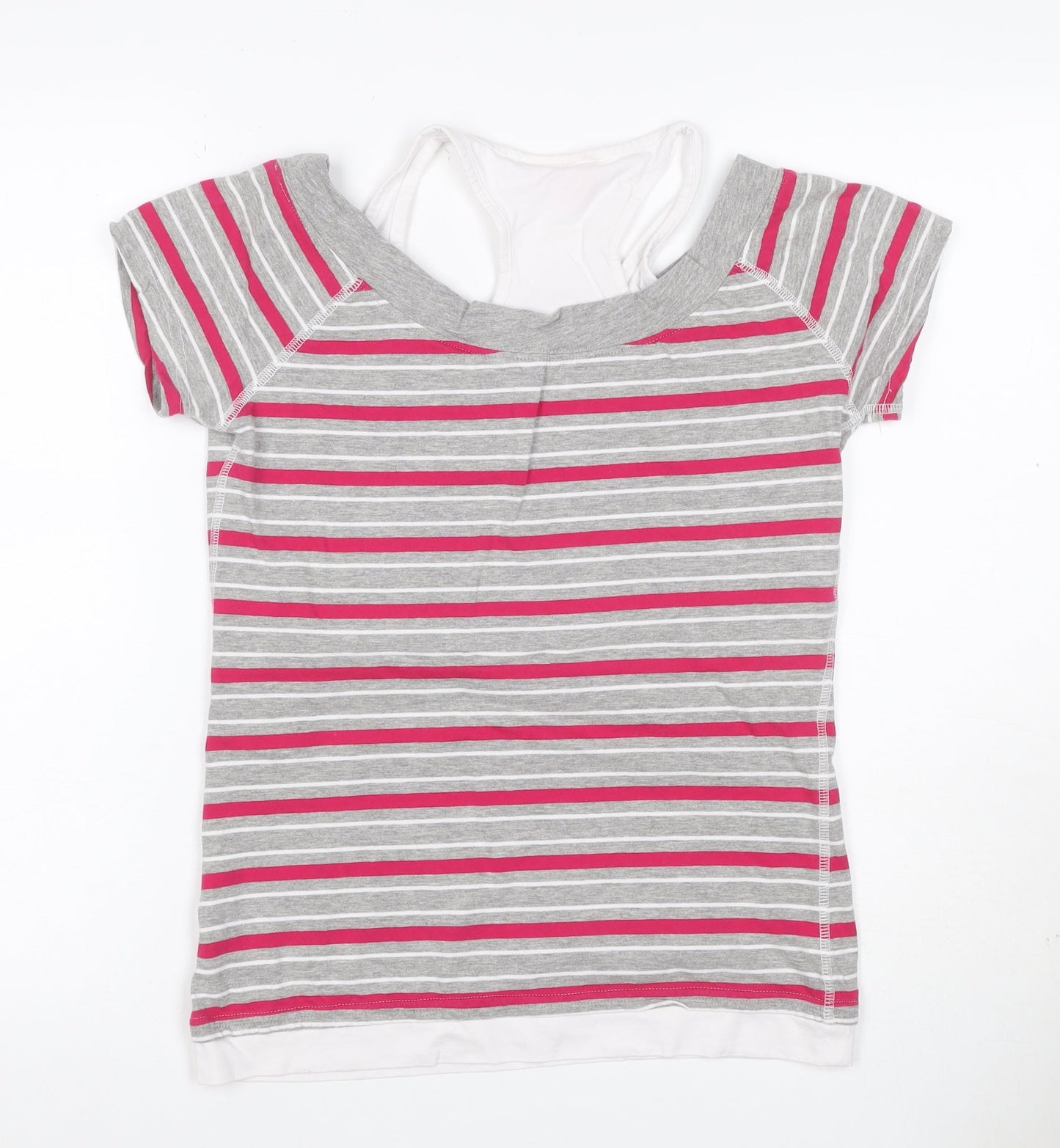 LA Gear Women’s Grey Pink Striped Layered V-Neck T-Shirt UK 12