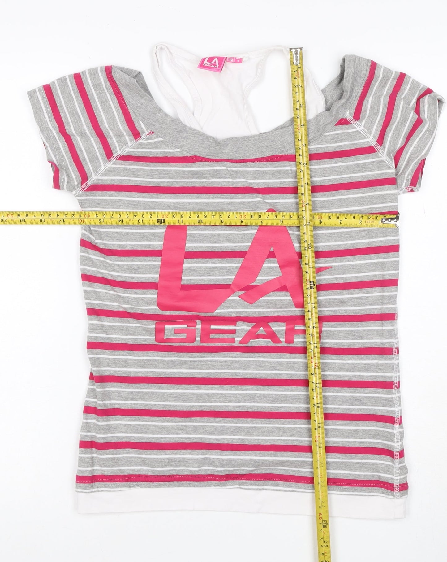 LA Gear Women’s Grey Pink Striped Layered V-Neck T-Shirt UK 12