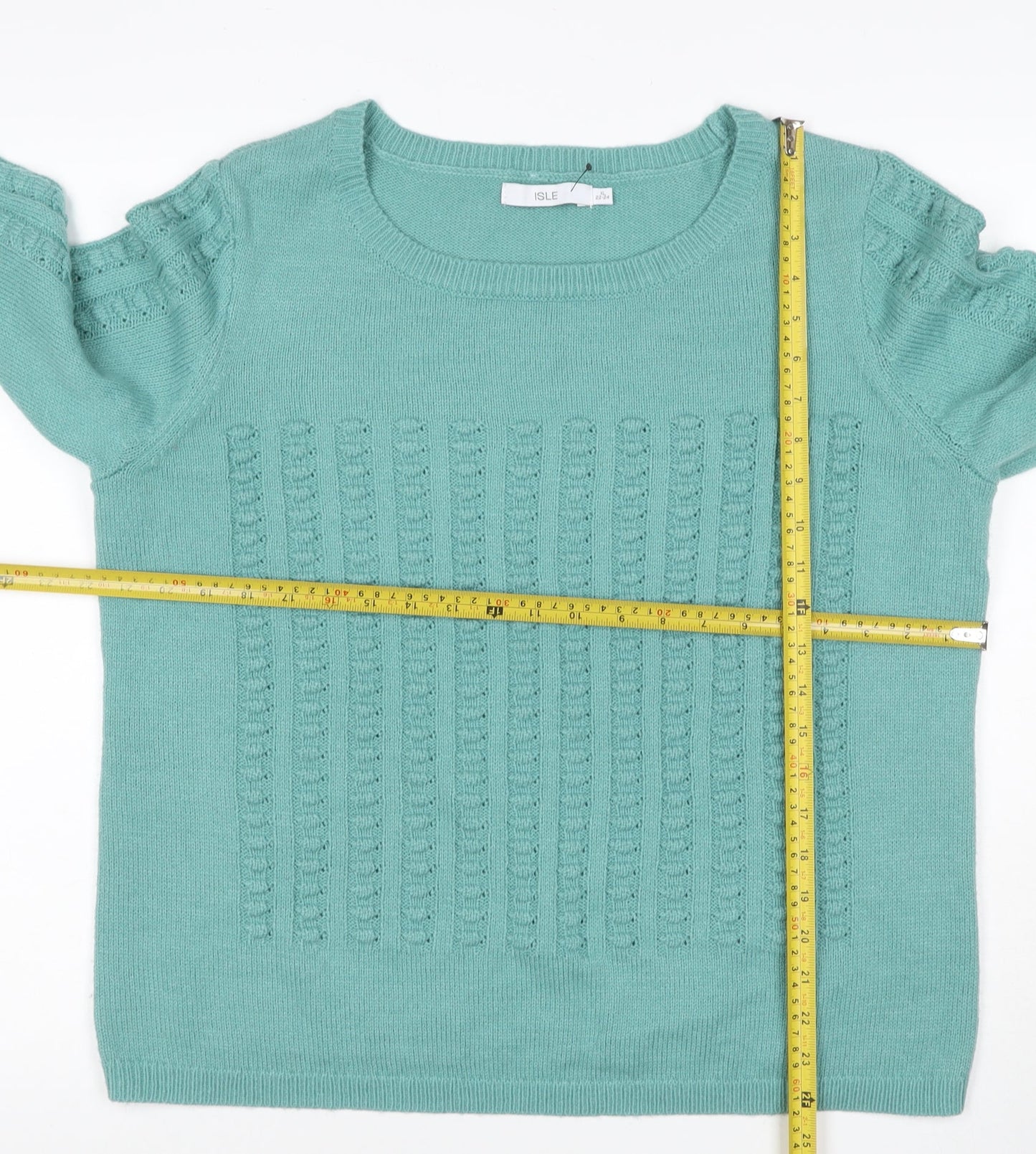 Isle Women Green XL Cable Knit Crew Neck Pullover Jumper