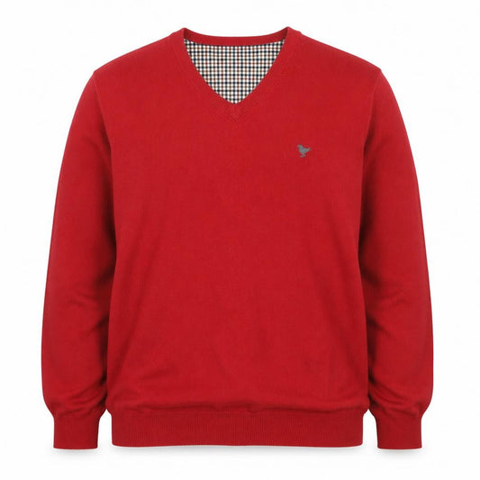 John Partridge Men’s Red Cotton V-Neck Logo Knit Jumper Size L