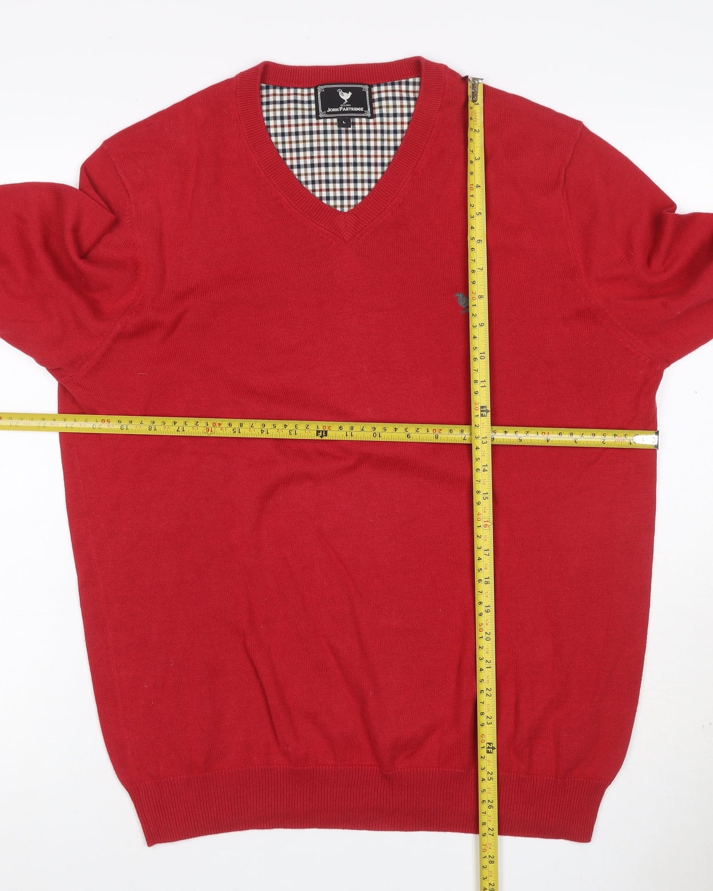 John Partridge Men’s Red Cotton V-Neck Logo Knit Jumper Size L