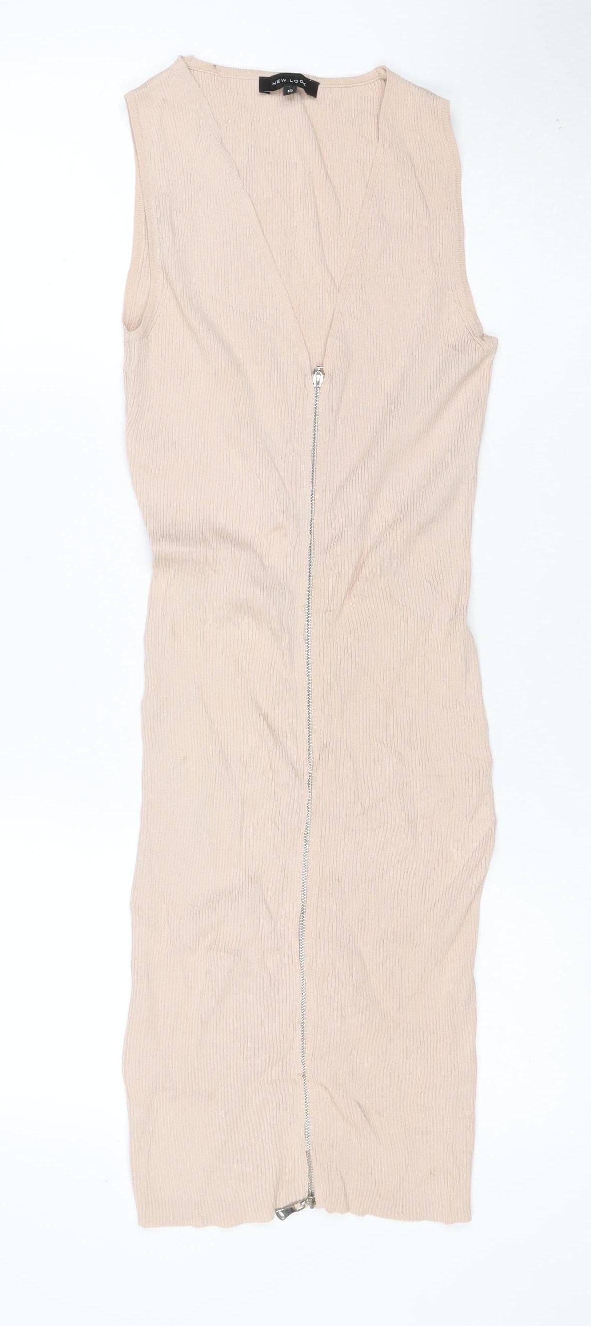 New Look Women Beige Size 10 Long Ribbed Knit Bodycon Zip Dress