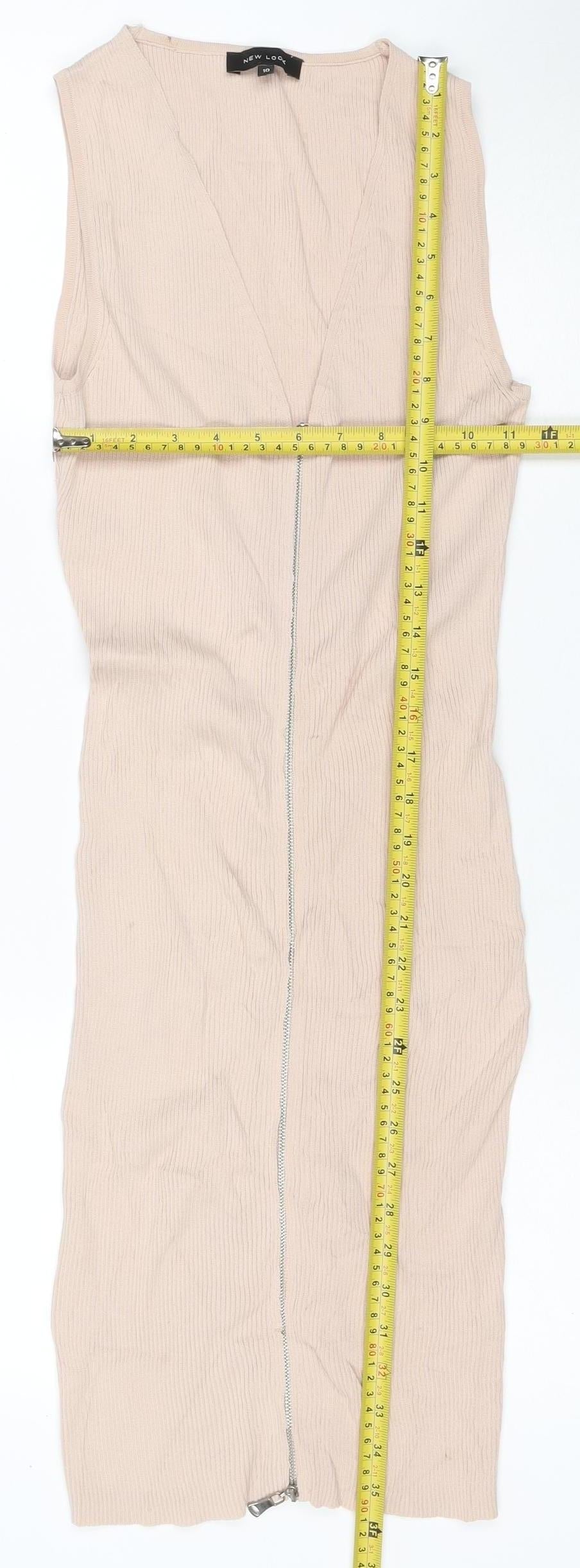 New Look Women Beige Size 10 Long Ribbed Knit Bodycon Zip Dress