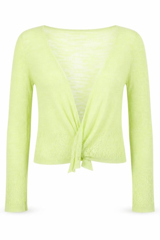 Front view of Roman Women Green, size 12, Sheer Lace Knit Wrap Tie Blouse Long Sleeve