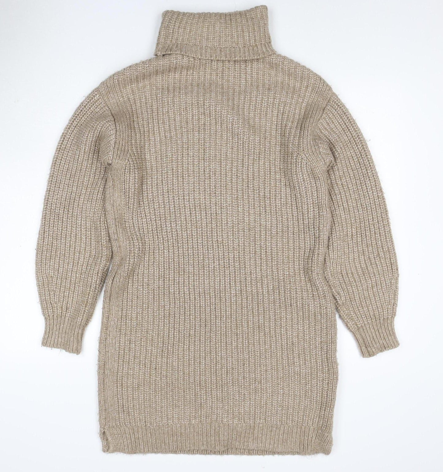 M&S Women Beige M Knit Roll Neck Long Sleeve Jumper Dress