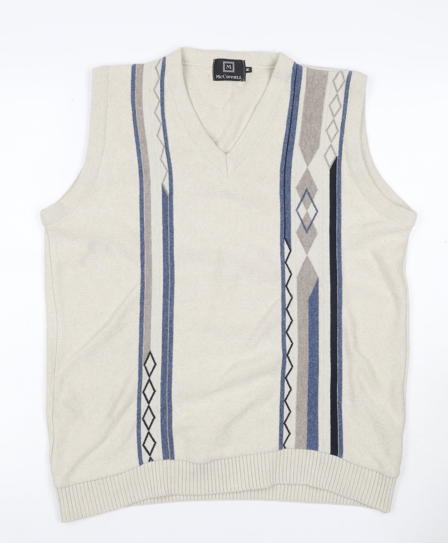 McConnell Men’s Beige M Argyle V-Neck Cotton Knit Sleeveless Jumper Vest