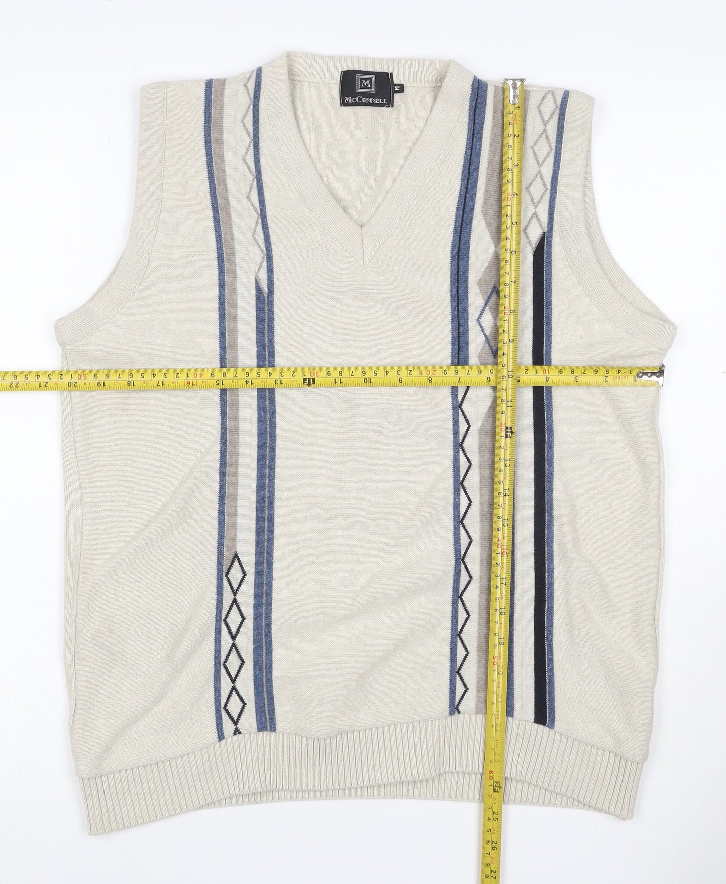 McConnell Men’s Beige M Argyle V-Neck Cotton Knit Sleeveless Jumper Vest