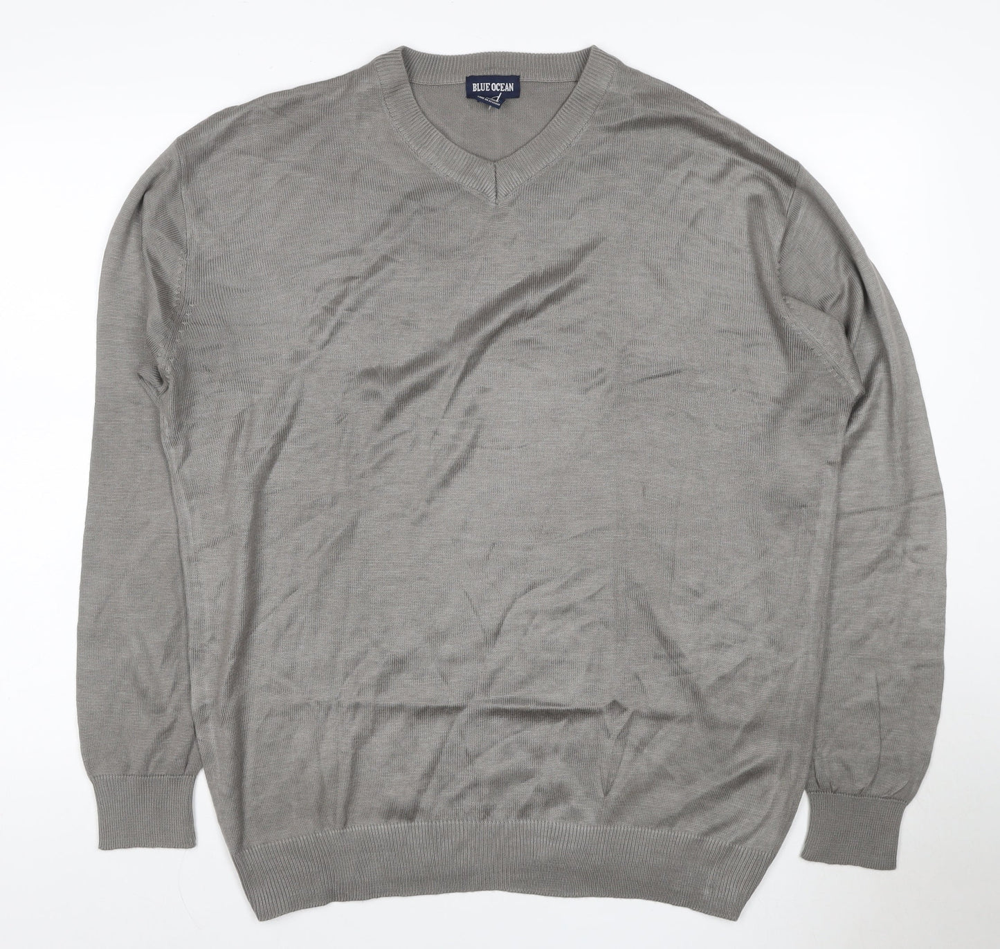 Blue Ocean Men Grey L V-Neck Lightweight Acrylic Pullover Jumper