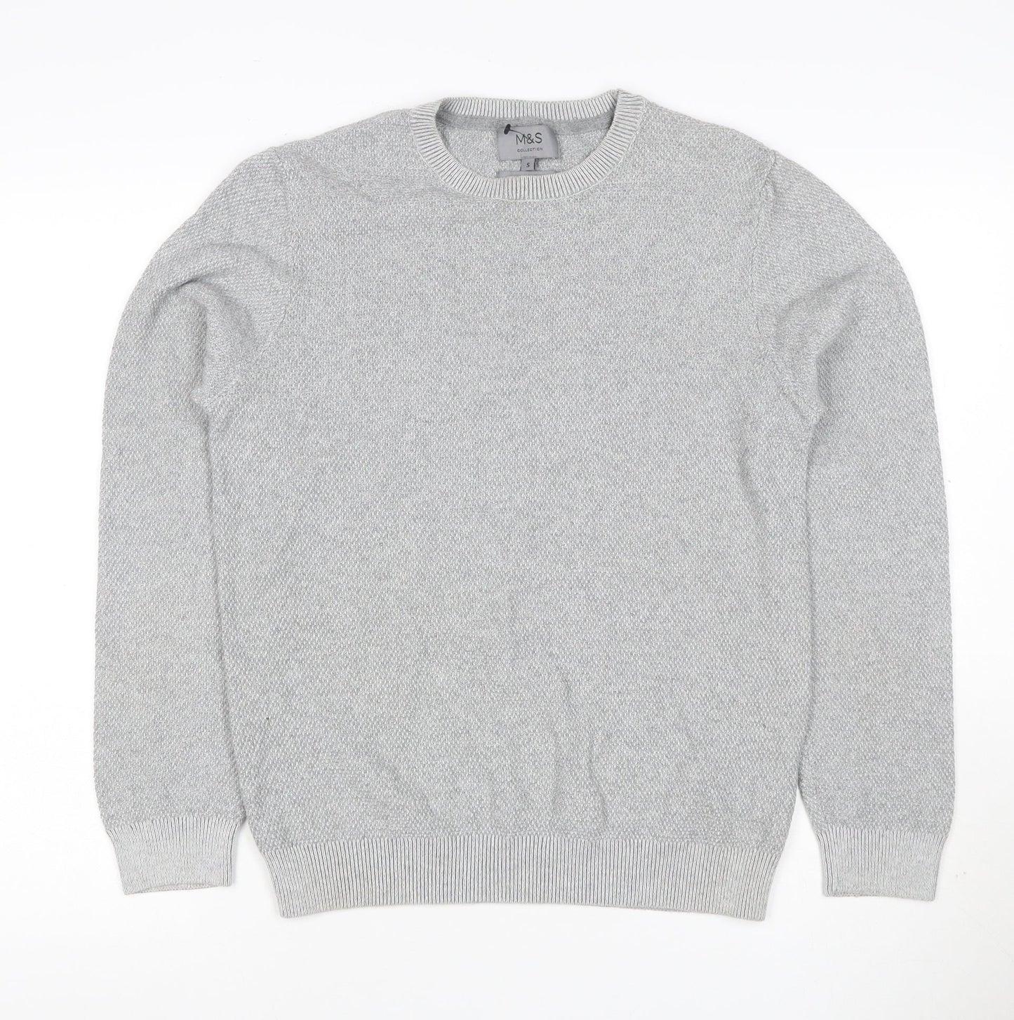 Marks and Spencer Men Grey S Cotton Crew Neck Knit Pullover Jumper
