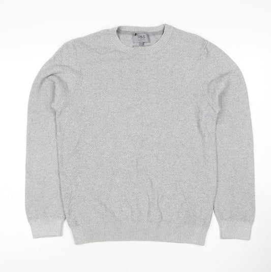 Marks and Spencer Men Grey S Cotton Crew Neck Knit Pullover Jumper