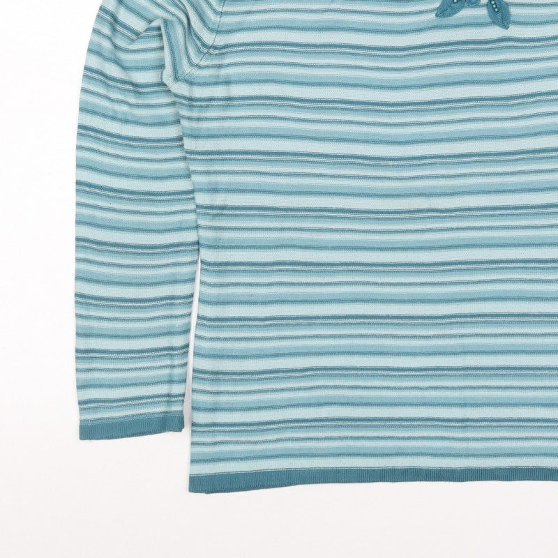 BM Collection Women's Blue S Striped Floral Beaded Round Neck Jumper