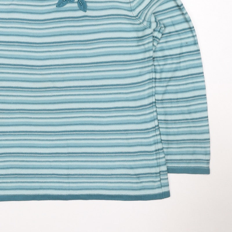 BM Collection Women's Blue S Striped Floral Beaded Round Neck Jumper