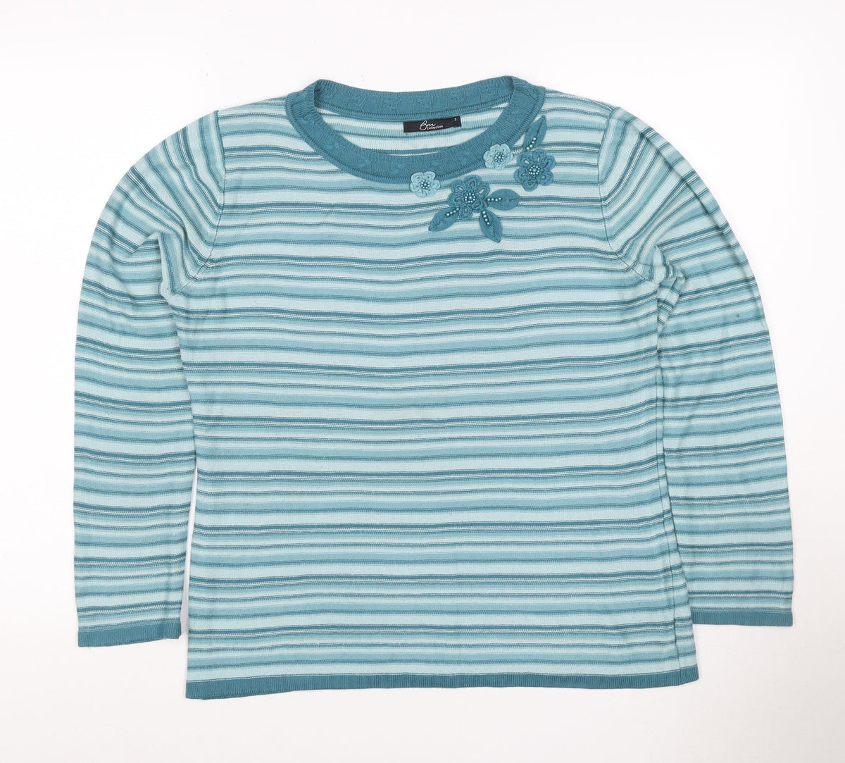 BM Collection Women's Blue S Striped Floral Beaded Round Neck Jumper