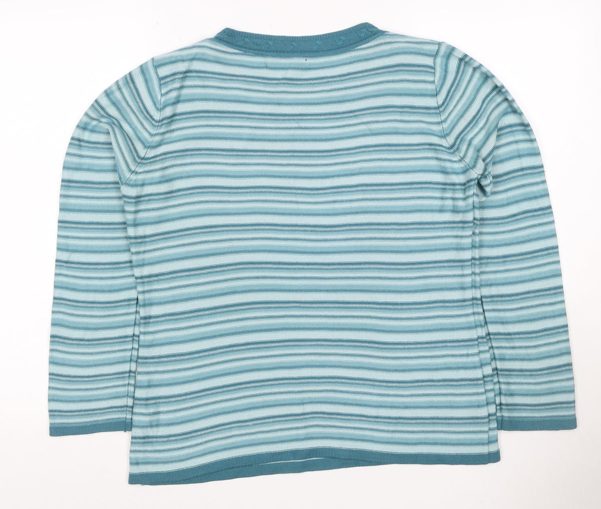 BM Collection Women's Blue S Striped Floral Beaded Round Neck Jumper