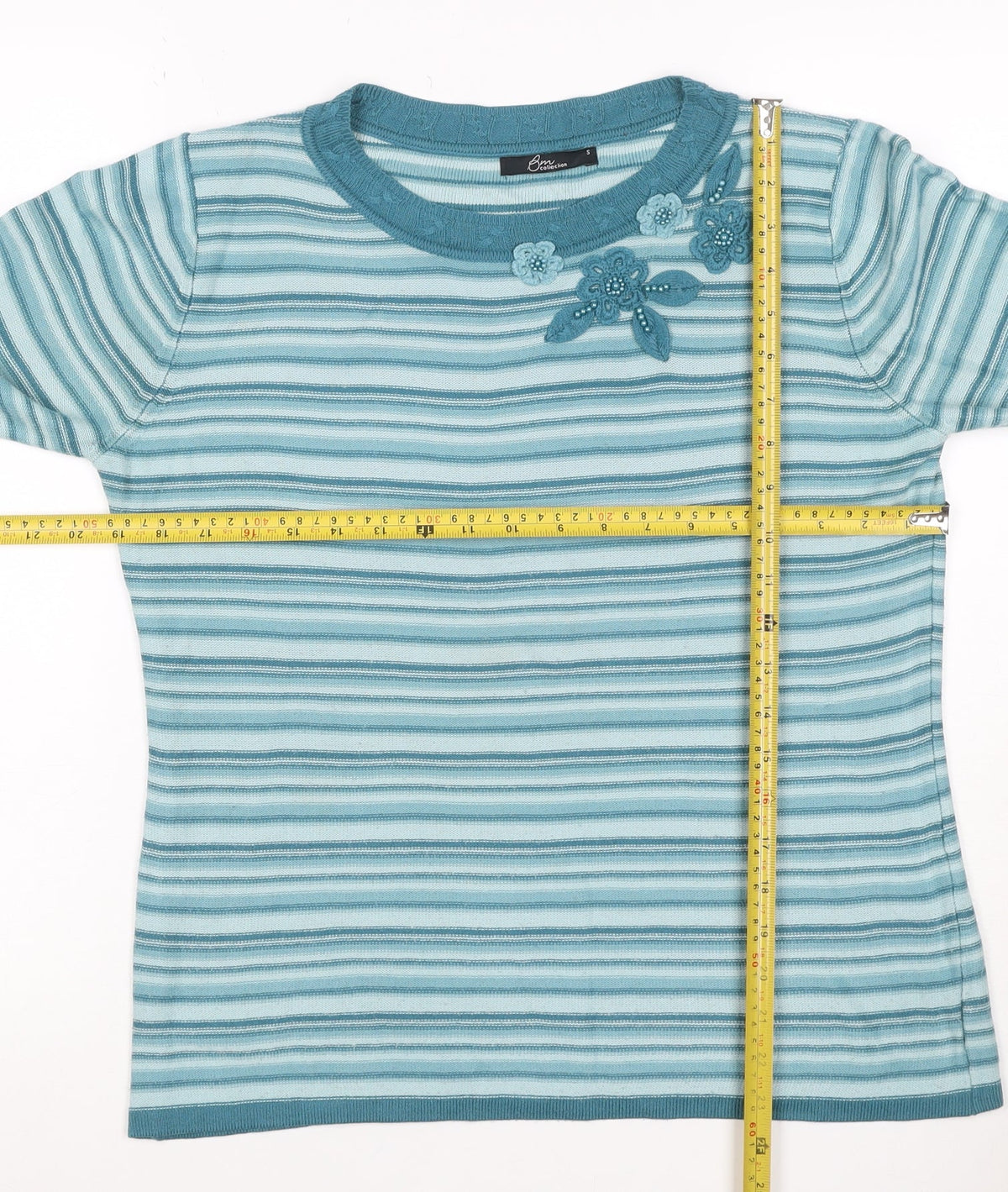 BM Collection Women's Blue S Striped Floral Beaded Round Neck Jumper