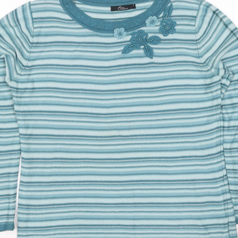 BM Collection Women's Blue S Striped Floral Beaded Round Neck Jumper