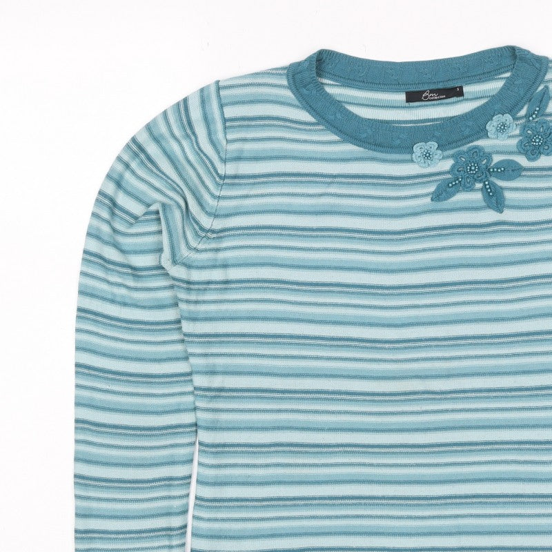 BM Collection Women's Blue S Striped Floral Beaded Round Neck Jumper