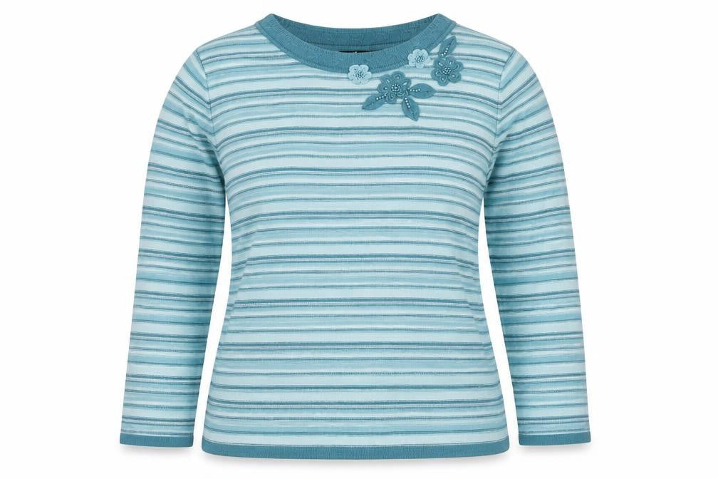 BM Collection Women's Blue S Striped Floral Beaded Round Neck Jumper