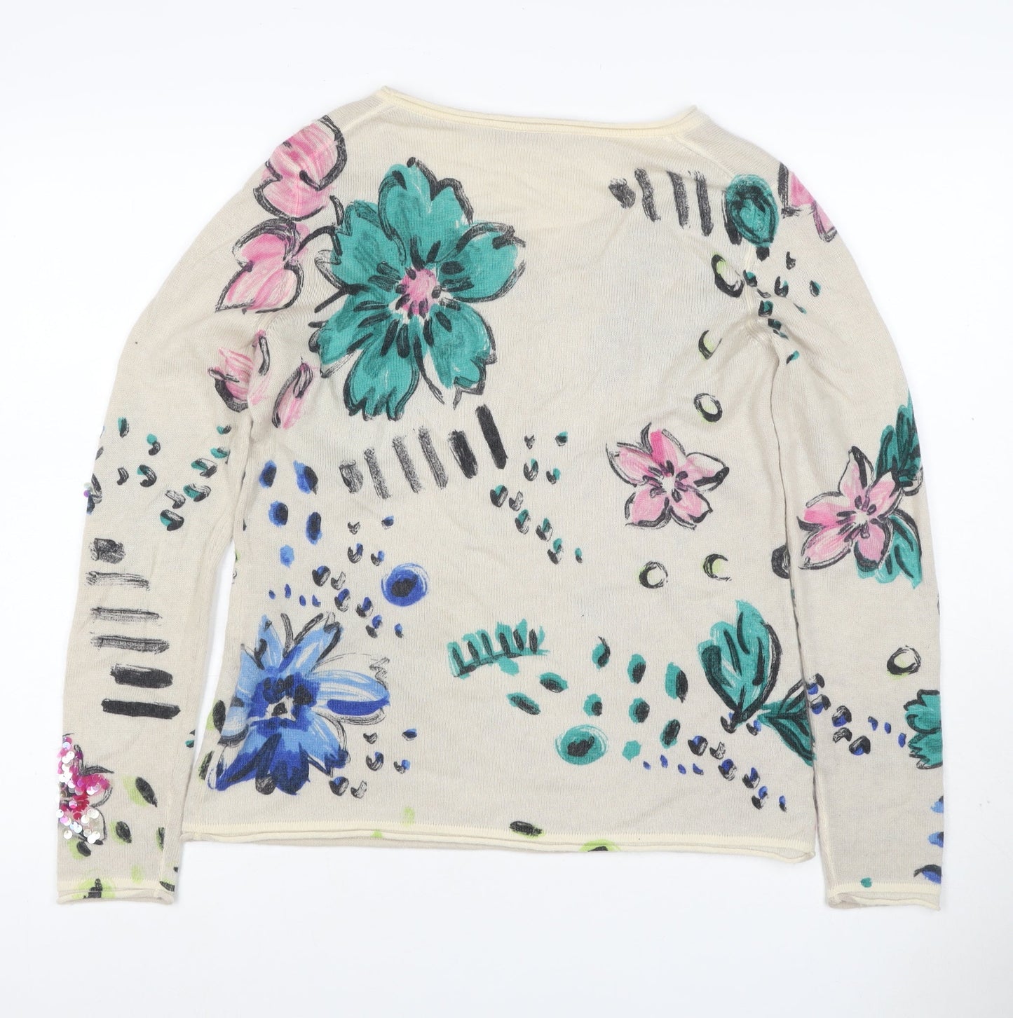 Nice Connection Women Beige UK 10 Floral Sequin Cashmere Wool Jumper