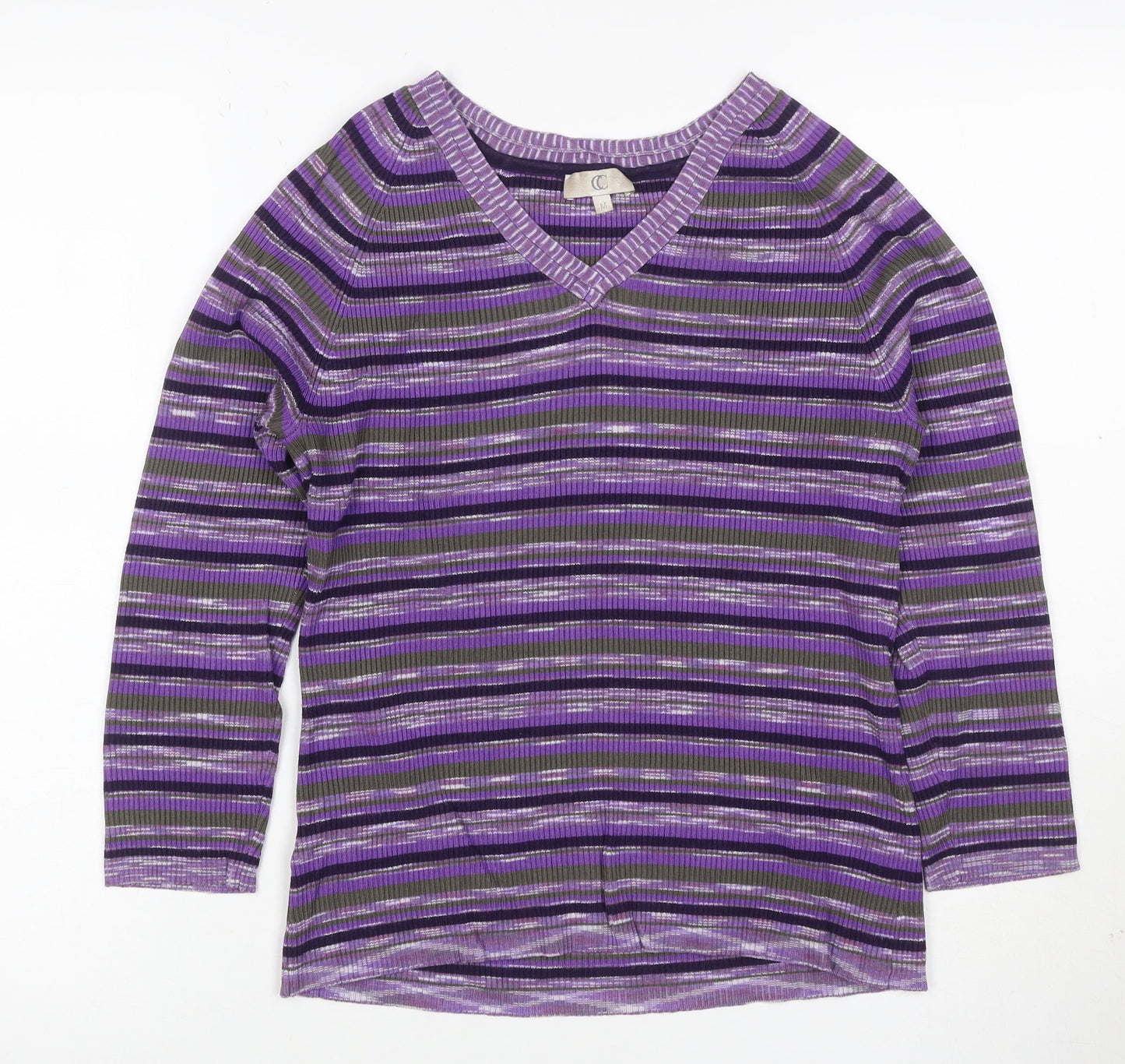 CC Women's Purple Striped V-Neck Rib Knit Pullover Jumper M