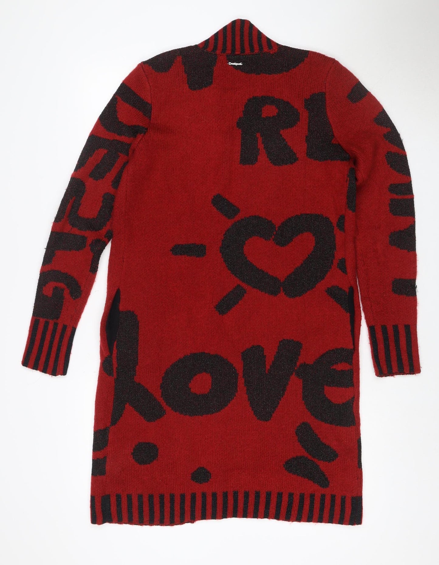 Desigual Women Red Black Geometric Knit V-Neck Jumper Size S
