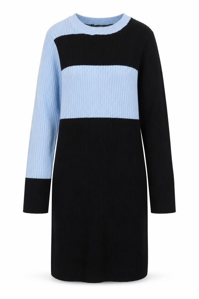 Front view of ASOS Women Black Blue UK 8 Colourblock Ribbed Midi Jumper Dress