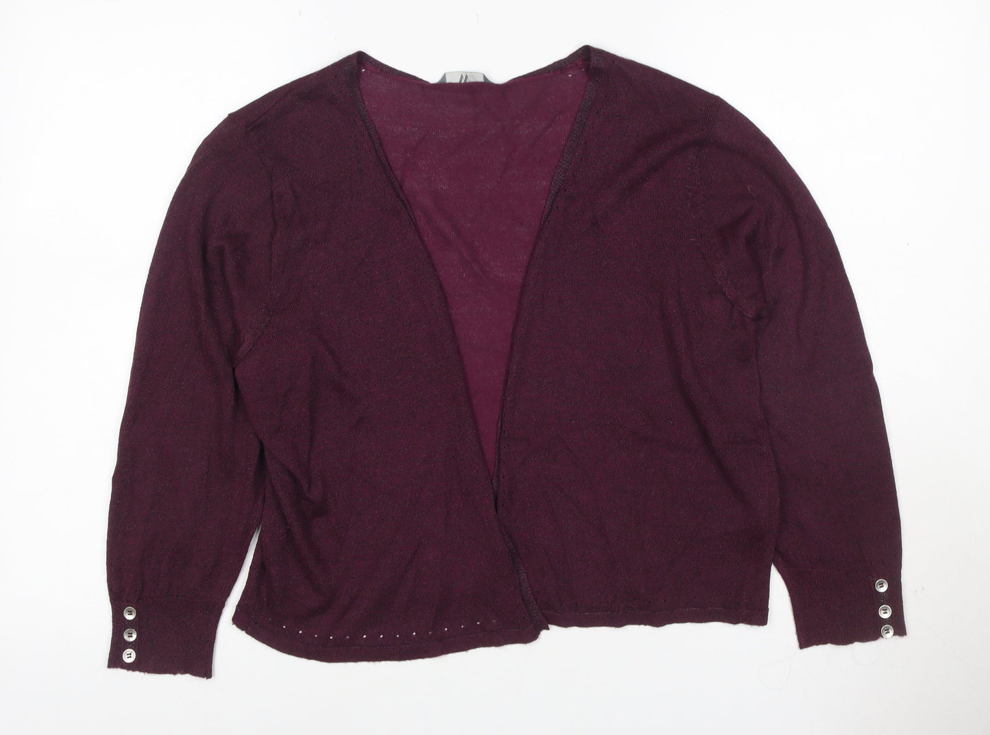 BHS Women Burgundy Size 16 Open V-Neck Knit Cardigan Button Cuffs