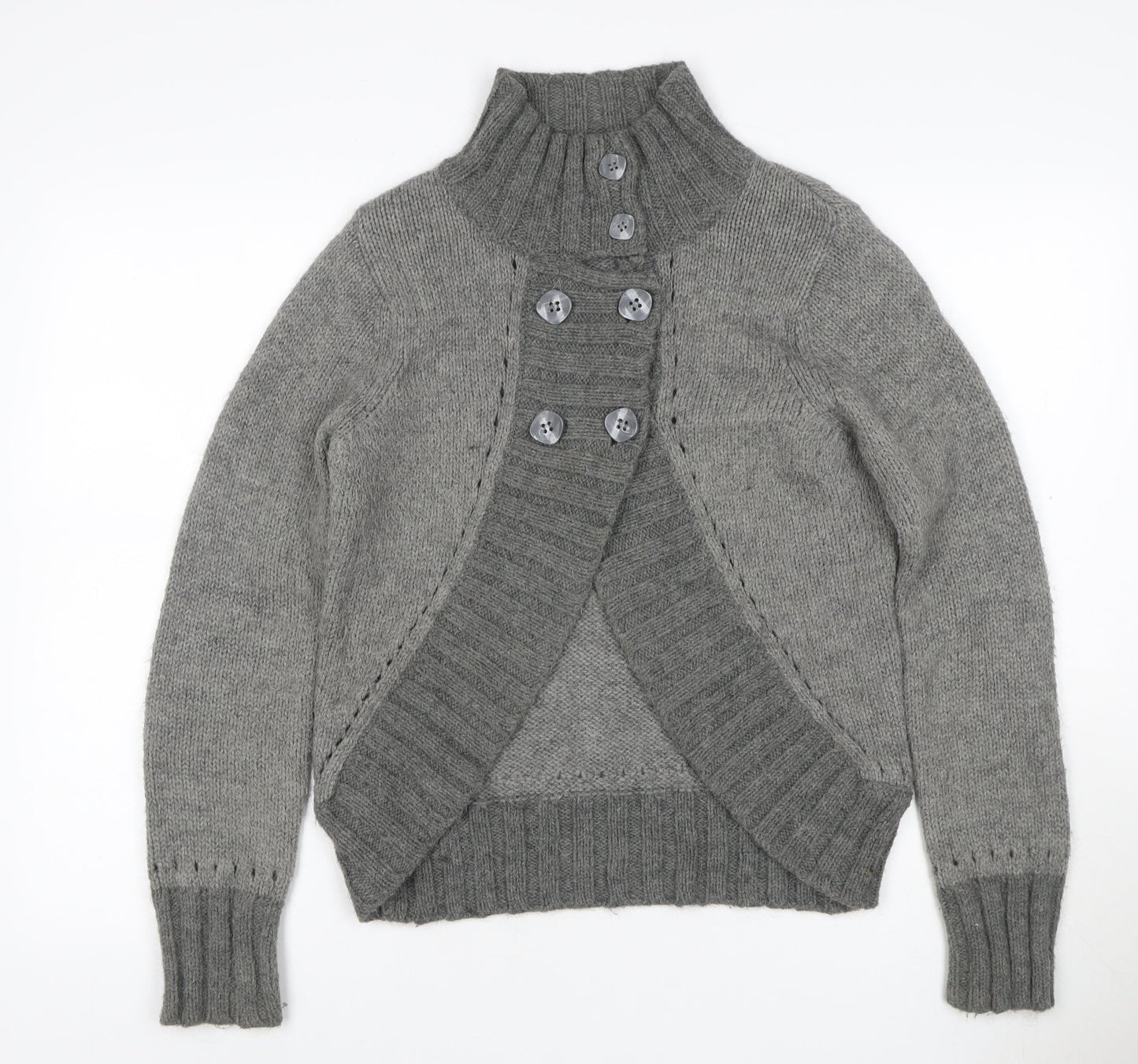 Trucco Women’s Grey Alpaca Blend High Neck Button Knit Jumper UK 10