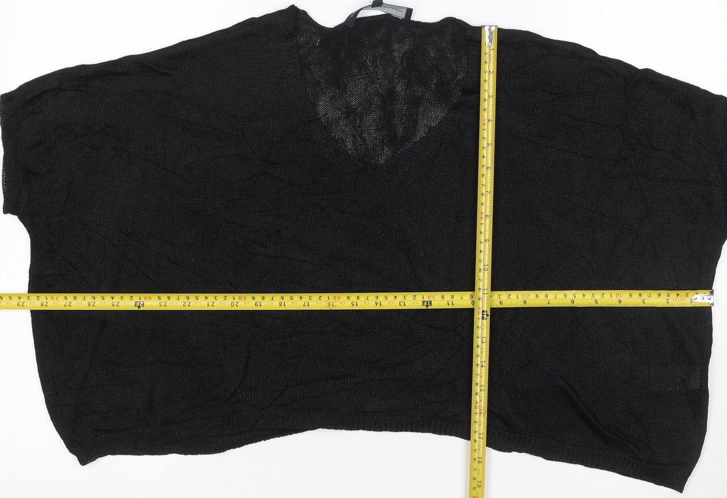 French Connection Women Black M V-Neck Open Knit Dolman Jumper