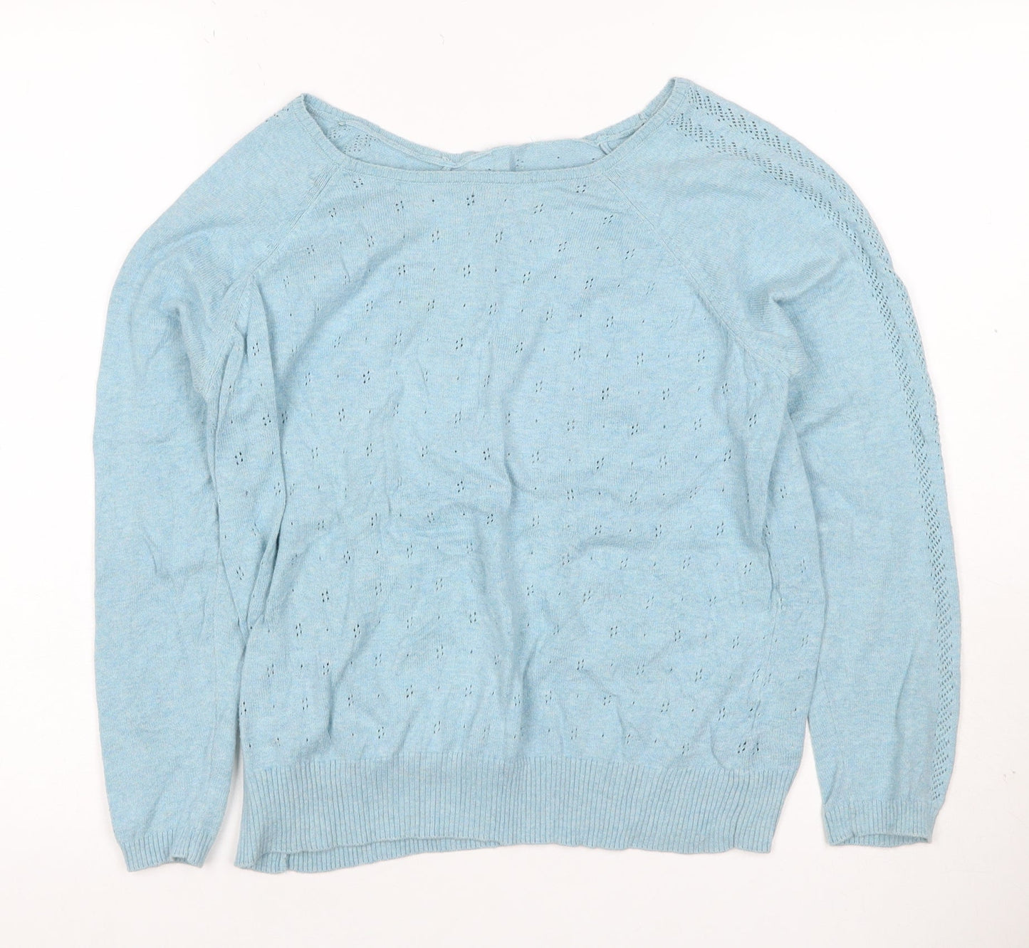 Marks & Spencer Women Blue UK 14 Cotton Pointelle Crew Neck Pullover Jumper