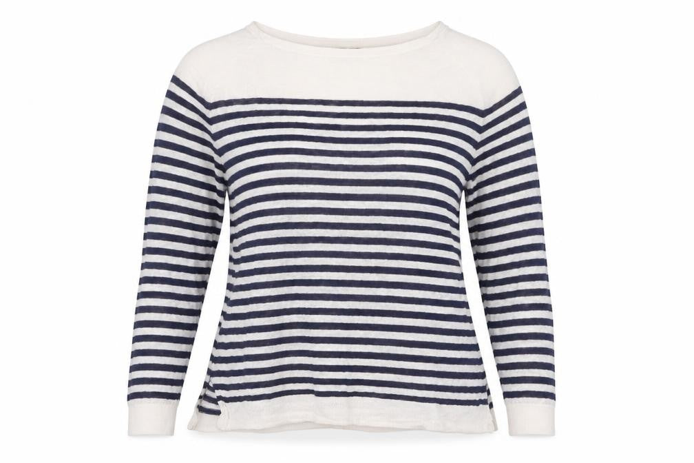 Front view of Autograph Women’s Navy Ivory Striped Pure Linen Knit Top UK 16