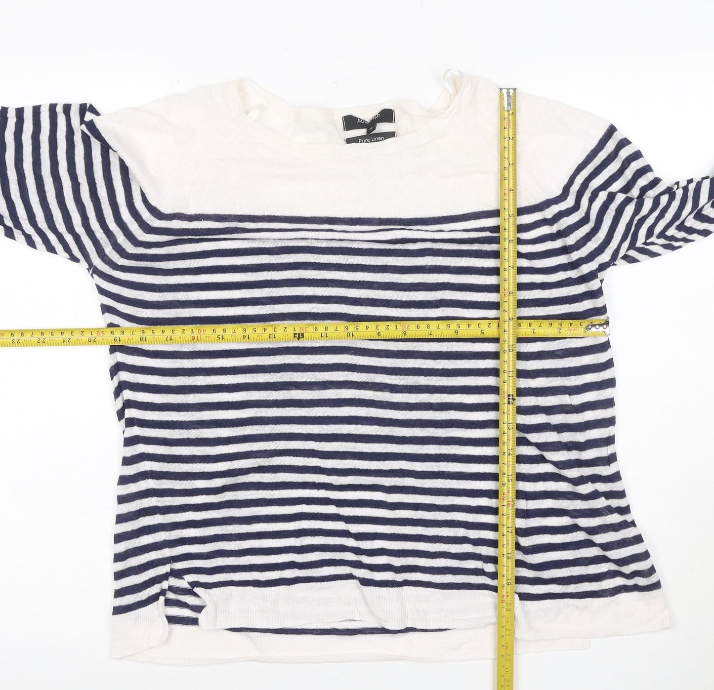 Autograph Women’s Navy Ivory Striped Pure Linen Knit Top UK 16