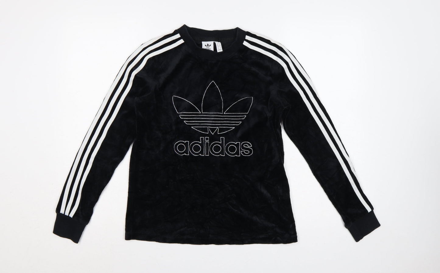 Adidas Women Black UK 8 Velour Trefoil Logo 3 Stripe Pullover Sweatshirt