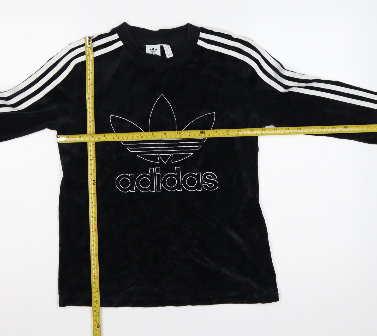 Adidas Women Black UK 8 Velour Trefoil Logo 3 Stripe Pullover Sweatshirt